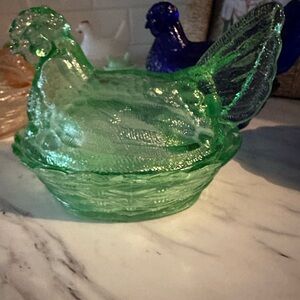 Green Glass Hen on Nest Dish